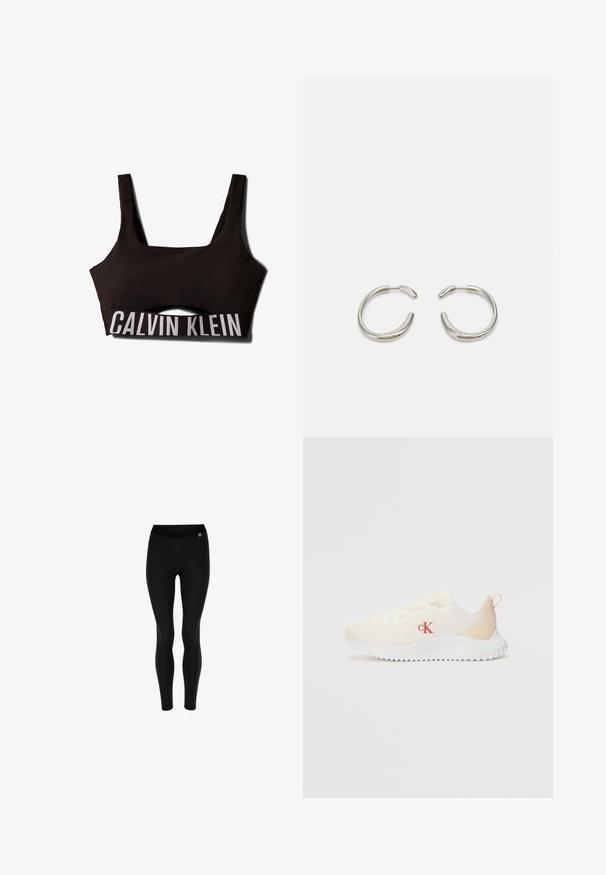 Sujetador deportivo negro con escote cuadrado y tirantes anchos. Presenta un tejido texturizado en la parte superior y un logotipo en blanco de "CALVIN KLEIN" en la banda.; Leggings negros confeccionados con tela elástica, que presentan una cintura alta y una textura suave. Sin patrones; diseño sencillo y ajustado.; Zapatillas de malla blancas con una superficie texturizada, acentos en beige claro, una suela blanca elevada y un logo rojo "CK" en el costado.; Pendientes de aro de plata con un diseño suave y redondeado y un acabado pulido y elegante. Presentan una forma minimalista con una ligera abertura.