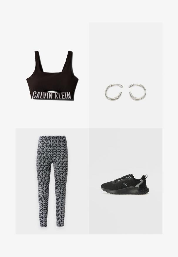 Soutien-gorge de sport noir avec un décolleté carré et de larges bretelles. Présente un haut texturé et un logo "CALVIN KLEIN" blanc contrastant sur la bande.; Leggings noirs et gris ornés d'un motif intégral de lettres entrelacées. La ceinture est élastique, avec une coupe ajustée autour des jambes.; Baskets de sport basses noires en maille respirante, avec un système de laçage, une semelle texturée, et le logo "cK" sur le côté.; Boucles d'oreilles en argent avec un design lisse et arrondi et une finition polie élégante. Présente une forme minimaliste avec une légère ouverture.