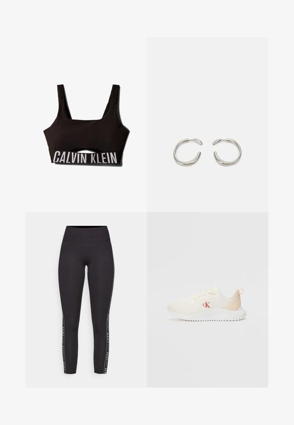 Crni sportski grudnjak s kvadratnim izrezom i širokim trakama. Ima teksturirani gornji dio i kontrastni bijeli logo "CALVIN KLEIN" na donjem dijelu.; Crne atletske tajice s visokim strukom, koje imaju bočnu prugastu dominantu bijele boje s tekstom branda. Glatka, rastezljiva tkanina.; Bijele mrežaste tenisice s teksturiranom površinom, svijetlosmeđim akcentima, podignutim bijelim potplatom i crvenim "CK" logotipom sa strane.; Srebrne okrugle naušnice s glatkim, zaobljenim dizajnom i sjajnom, poliranom završnom obradom. Imaju minimalistički oblik s blagim otvorom.