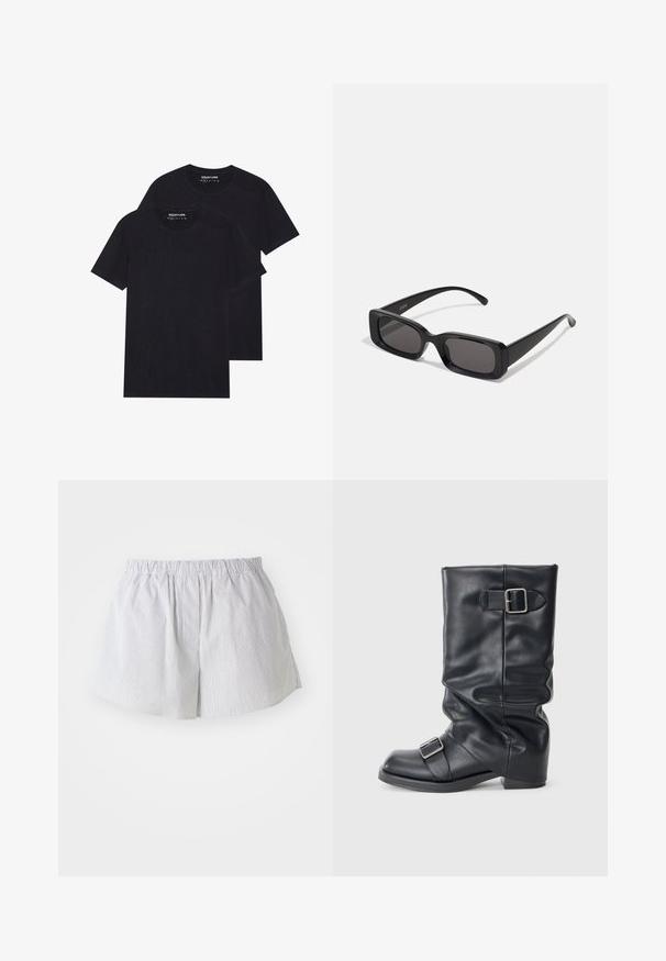 Zwei schwarze Baumwoll-T-Shirts mit Rundhalsausschnitten, kurzen Ärmeln und einer glatten Textur. Jedes Shirt ist identisch und trägt das Markenlabel im Ausschnitt.; Gestreifte Shorts aus hellblauem und weißem Baumwollstoff, ausgestattet mit einem elastischen Bund und einem lockeren Schnitt sowie seitlichen Öffnungen für eine bessere Bewegungsfreiheit.; Schwarzer Lederstiefel mit gefaltetem Schaft, ausgestattet mit zwei silbernen Schnallen. Abgerundete Spitze und ein niedriges, flaches Sohlendesign. Glatte Textur, minimale Details.; Schwarze rechteckige Sonnenbrille mit dunklen Gläsern, glänzender Oberfläche, breiten Bügeln und einem klobigen Rahmen-Design. Gravierter Markenname auf einem Bügel.; Schwarze Leder-Hobo-Tasche mit einem einzigen Schulterriemen, glatter Textur, tapered Oberseite und minimalistischem Design ohne sichtbare Hardware.; Pilgrim UNFOLD - Halskette - silver-coloured