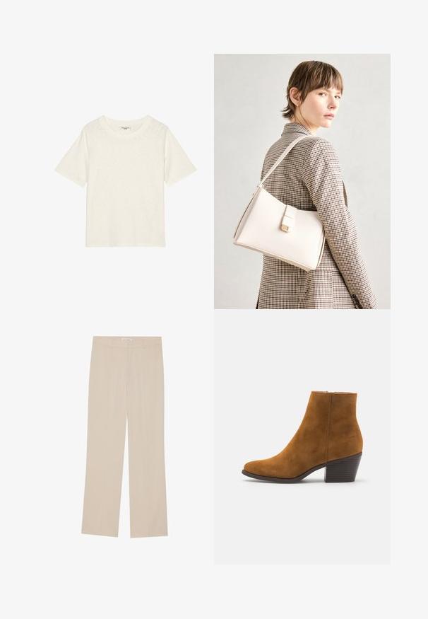 T-shirt à manches courtes couleur blanc cassé, fabriqué en tissu doux et texturé, avec un col rond et une coupe décontractée. Pas de logos ni de détails supplémentaires.; Pantalons larges beige avec une texture lisse, présentant une coupe ajustée, deux poches avant et un léger pli le long des jambes.; Bottine en daim marron avec un bout pointu et un talon empilé. Texture lisse avec une fermeture à glissière sur le côté. Design et forme classiques.; Sac à main en cuir blanc au design structuré, doté d'un fermoir magnétique et d'une bandoulière, présenté sur un fond neutre.