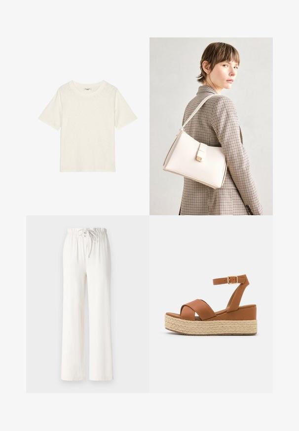 Off-white short-sleeve T-shirt made of soft, textured fabric with a round neckline and a relaxed fit. No logos or additional details present.; White wide-leg pants made of soft fabric, featuring a drawstring waist and smooth texture. No patterns or embellishments visible.; Brown platform sandals featuring a woven jute base, wide cross straps, and an ankle strap with a gold buckle. Smooth leather texture.; White leather handbag with a structured design, featuring a magnetic clasp and a shoulder strap, showcased against a neutral background.