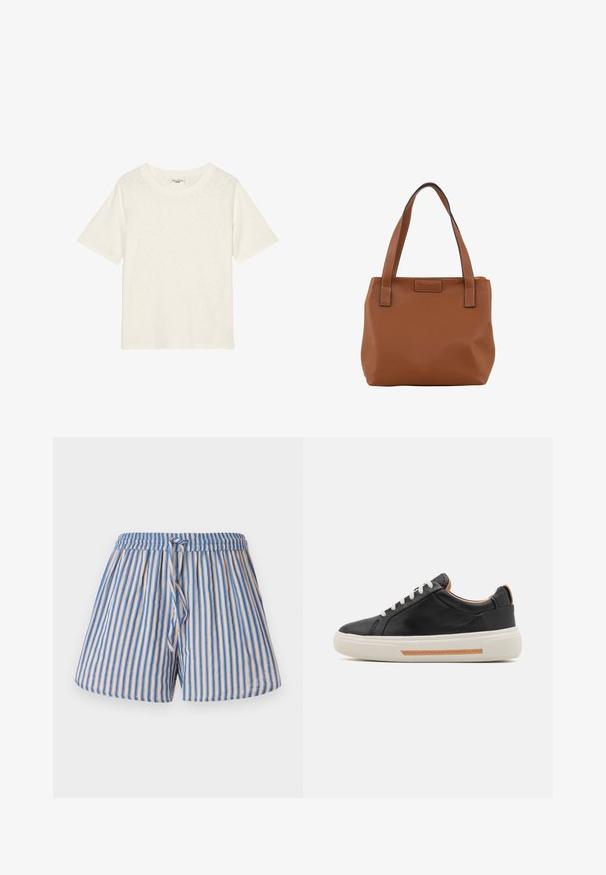 Off-white kortärmad T-shirt i mjukt, texturerat tyg med rund halsringning och avslappnad passform. Inga logotyper eller ytterligare detaljer finns.; Randiga shorts i beige och blått, med elastisk midja och justerbar dragsko, gjorda av lätt tyg.; Svarta lädersneakers med en vit gummisula, beige detaljer och kontrasterande snören. Minimalistisk design med slät textur.; Brun läder tote-väska med två robusta handtag, med en strukturerad yta och kontrasterande svart sömnad. Enkel rektangulär form.