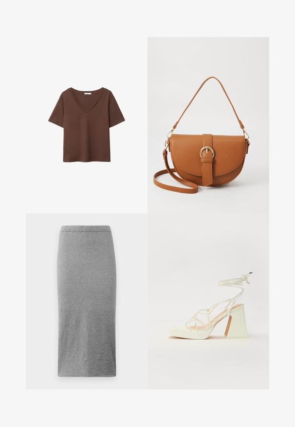 T-shirt in cotone marrone con maniche corte e scollo a V profondo. Design semplice, texture morbida e orlo dritto. Senza fantasie o dettagli.; Gonna grigia fino al ginocchio realizzata in tessuto morbido e elasticizzato. Caratterizzata da un design semplice e aderente con un elastico in vita e una texture liscia.; Sandalo bianco con tacco alto, caratterizzato da un design a cinturini e un legaccio alla caviglia. Texture liscia con una piattaforma frontale per un'altezza aggiuntiva.; Borsa a tracolla in pelle marrone con forma curvata, hardware dorato e un dettaglio con fibbia. Presenta una tracolla rimovibile.