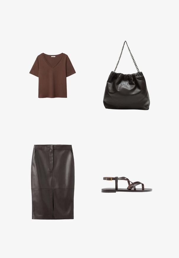 Brązowy bawełniany t-shirt z krótkimi rękawami i głębokim dekoltem w kształcie litery V. Prosty design, miękka faktura i prosty krój u dołu. Brak wzorów i akcentów.; Brąskowa skórzana spódnica ołówkowa o gładkiej fakturze, z rozcięciem z przodu i dwoma bocznymi kieszeniami; dopasowany krój z przeszyciami.; Brązowe skórzane sandały z krzyżującymi się paskami, zapięciem na klamrę przy kostce oraz płaską podeszwą z minimalnymi detalami szycia.; Brązowa skórzana torba z marszczonym szczytem i łańcuszkowym paskiem. Gładka tekstura z błyszczącym wykończeniem i subtelnymi detalami szwów po bokach.