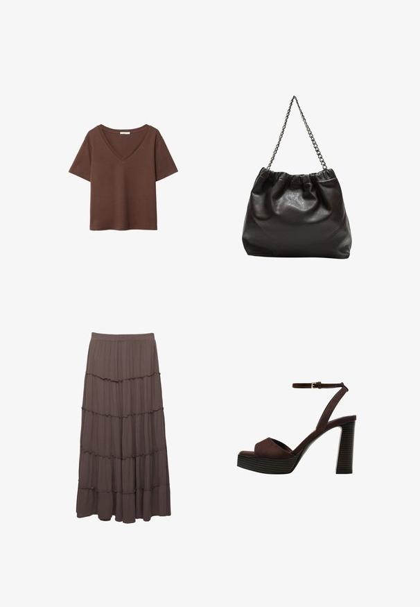 T-shirt en coton brun avec des manches courtes et un décolleté en V profond. Design simple, texture douce et ourlet droit. Pas de motifs ni d'accents.; Jupe maxi en couches de couleur marron, fabriquée en tissu léger. Elle présente trois volants horizontaux et une taille élastique pour plus de confort.; Sandale à talons hauts en suede marron avec un bout ouvert, une bride de cheville réglable et une semelle de plateforme rayée.; Sac en cuir marron avec un haut froncé et une bandoulière en chaîne. Texture lisse avec une finition brillante et des coutures subtiles sur les côtés.
