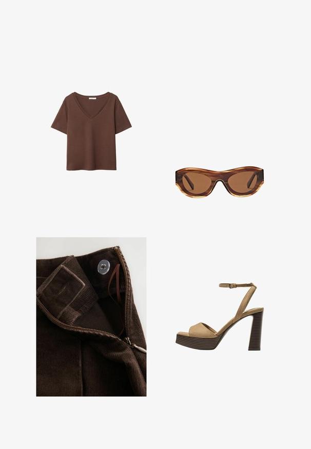 T-shirt en coton brun avec des manches courtes et un décolleté en V profond. Design simple, texture douce et ourlet droit. Pas de motifs ni d'accents.; Tissu en velours côtelé marron avec une texture lisse, doté d'une fermeture éclair, d'un bouton et d'une sangle intérieure pour un maintien sécurisé.; Sandales à talons hauts en suede beige avec une large bride avant et une bride à la cheville, dotées d'un chunky talon en bois avec une finition texturée.; Lunettes de soleil avec une monture en écaille de tortue, des verres bruns dégradés et une forme élégante en œil de chat. Fabriquées en plastique léger avec une finition brillante.; Sac tote en cuir marron avec deux poignées allongées, forme rectangulaire structurée, texture lisse et détails de couture subtils.