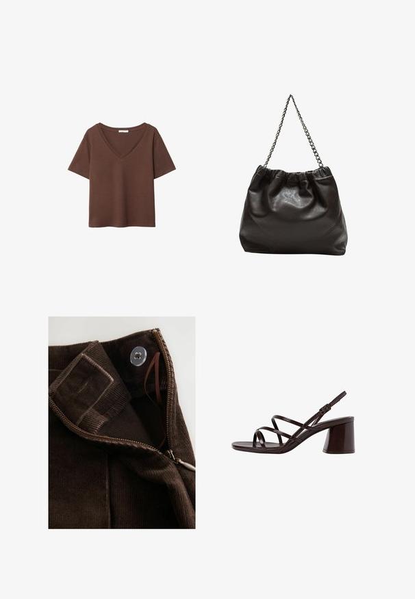 Hnědý bavlněný tričko s krátkými rukávy a hlubokým V-výstřihem. Jednoduchý design, měkká textura a rovný lem. Žádné vzory ani akcenty.; Hnědá kordurová látka se hladkým povrchem, obsahující zip, knoflíkové zapínání a vnitřní poutko pro bezpečné upevnění.; Hnědé sandály na vysokém podpatku s robustním podpatkem, s hladkým, lesklým povrchem a několika křížícími se pásky na svršku.; Hnědá kožená taška se sbíraným vrškem a řetízkovým popruhem. Hladký povrch s lesklým finišem a jemným švem na bocích.
