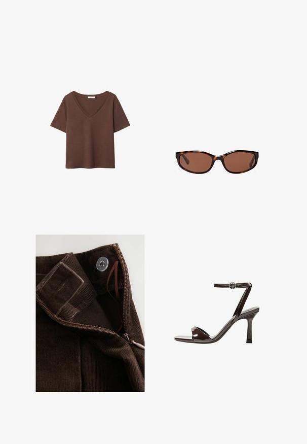 Braunes Baumwoll-T-Shirt mit kurzen Ärmeln und tiefem V-Ausschnitt. Einfaches Design, weiche Textur und gerade Saumlinie. Keine Muster oder Akzente.; Braunes Cordstoff mit glatter Textur, ausgestattet mit einem Reißverschluss, Knopfverschluss und einem inneren Riegel für sicheren Halt.; Braune Lackleder-High-Heelsandale mit einem Knöchelriemen, offener Zehenpartie und einem schlanken, minimalistischen Design. Verfügt über einen quadratischen Absatz.; Schildkrötensonnenbrille mit braunen Gläsern, schlanker ovaler Form und glänzender Oberfläche. Verfügt über dezente silberne Akzente an den Rahmen.; Braune Ledertasche mit zwei langen Griffen, strukturierte rechteckige Form, glatte Textur und dezente Nähdetails.