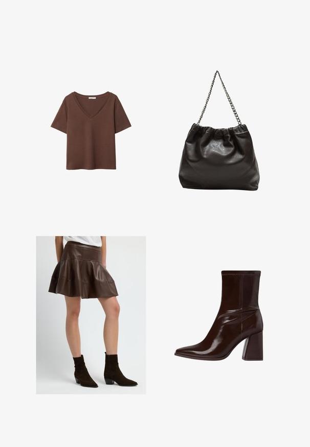 Braunes Baumwoll-T-Shirt mit kurzen Ärmeln und tiefem V-Ausschnitt. Einfaches Design, weiche Textur und gerade Saumlinie. Keine Muster oder Akzente.; Brauner Fake-Leder-Rock mit ausgestelltem Schnitt und tailliertem Bund, mit Steppnähten. Kombiniert mit braunen Wildleder-Ankle-Boots mit spitzer Zehenpartie.; Braune Lackleder-Stiefelette mit spitzem Zehenbereich, elastischem Knöchel und blockartigem Absatz. Elegantes Design mit glatter Textur.; Braune Lederhandtasche mit gerafftem Oberteil und Kettenriemen. Glatte Textur mit glänzendem Finish und subtilen Nahtdetails an den Seiten.