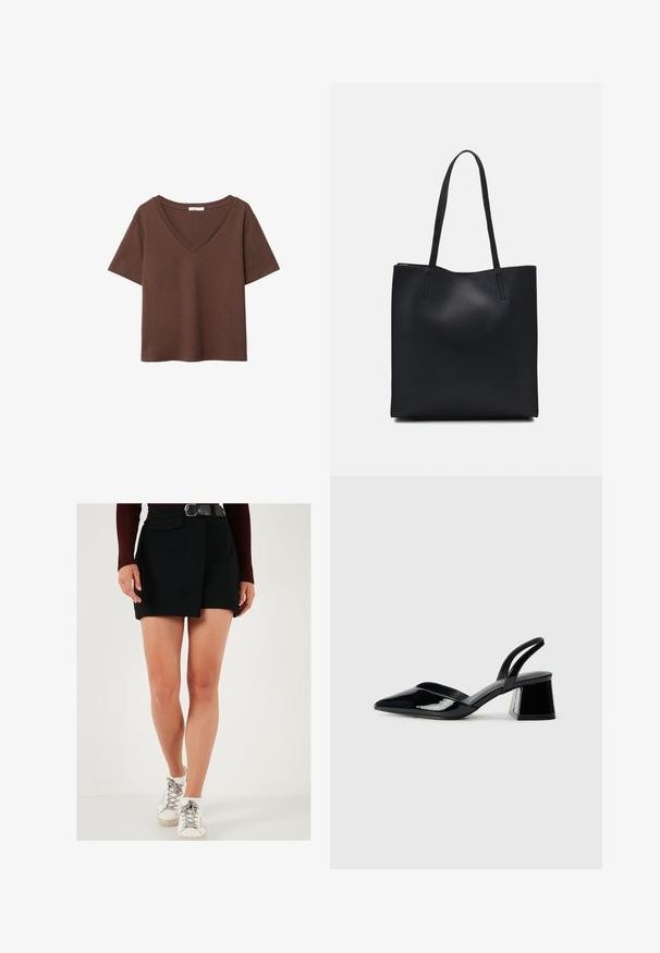 Smeđa pamučna majica kratkih rukava s dubokim V-izrezom. Jednostavan dizajn, mekana tekstura i ravni rub. Bez uzoraka ili naglasaka.; Crne kratke hlače s dizajnom bočnih panela, imaju prednju džep i remen. Model nosi bijele tenisice s sivim naglascima. Glatka tekstura.; Crne lakirane kožne sandale s otvorenom petom i špicastim vrhom, s geometrijskom blok petom. Imaju elegantan, minimalistički dizajn i glatku teksturu.; Crna kožna torba za nošenje s glatkom teksturom, pravokutnim oblikom i dvije duge ručke. Nema vidljivih metalnih dijelova ili ukrasa.