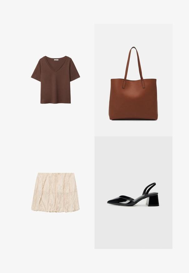 Rjava bombažna majica s kratkimi rokavi in globokim V-izrezom. Preprost dizajn, mehak material in raven rob. Brez vzorcev ali dekorativnih elementov.; Svetlo bež nabran krilo z elastičnim pasom, ki ima mehak, teksturiran material ter sproščen, napihnjen silhueti. Brez vidnih vzorcev ali dodatkov.; Črne lakirane slingback pete s koničastim nosom in geometrijsko blokasto peto. Imajo eleganten, minimalističen dizajn in gladko teksturo.; Rjava usnjena torba z gladko teksturo, odprto zasnovo zgoraj in dvema naramnima trakovoma. Opremljena je z minimalnim šivanjem in brez vidnih kovinskih delov.