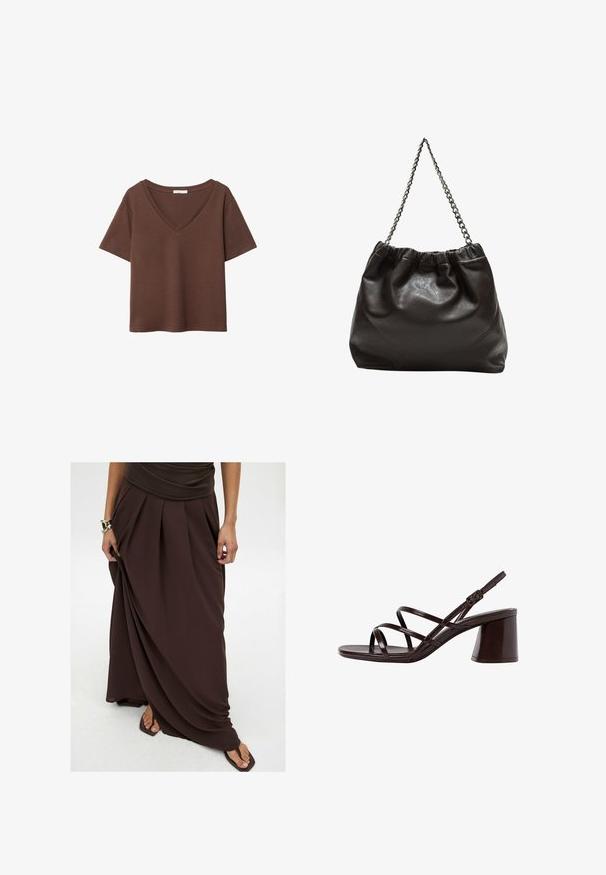 T-shirt in cotone marrone con maniche corte e scollo a V profondo. Design semplice, texture morbida e orlo dritto. Senza fantasie o dettagli.; Gonna maxi marrone realizzata in tessuto leggero, con pieghe, design fluido e vita elasticizzata per il comfort.; Sandalo con tacco alto e cinturini marrone, dotato di un tacco spesso, con una finitura liscia e lucida e numerosi cinturini incrociati sulla parte superiore.; Borsa in pelle marrone con parte superiore arricciata e tracolla a catena. Texture liscia con finitura lucida e dettagli di cucitura sottili sui lati.