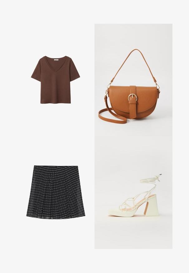 Braunes Baumwoll-T-Shirt mit kurzen Ärmeln und tiefem V-Ausschnitt. Einfaches Design, weiche Textur und gerade Saumlinie. Keine Muster oder Akzente.; Schwarzer Rock mit weißen Punkten, mit Falten und glatter Textur. Er hat einen gekrümmten Saum und ein einfaches Taillendesign.; Weiße High-Heel-Sandale mit einem klobigen Absatz, die über ein Riemchendesign und ein Knöchelband verfügt. Glatte Textur mit einer Plattform vorne für zusätzliche Höhe.; Braune Leder-Crossbody-Tasche mit geschwungener Form, goldfarbenen Beschlägen und einer Schnallenakzentuierung. Verfügt über einen abnehmbaren Schultergurt.