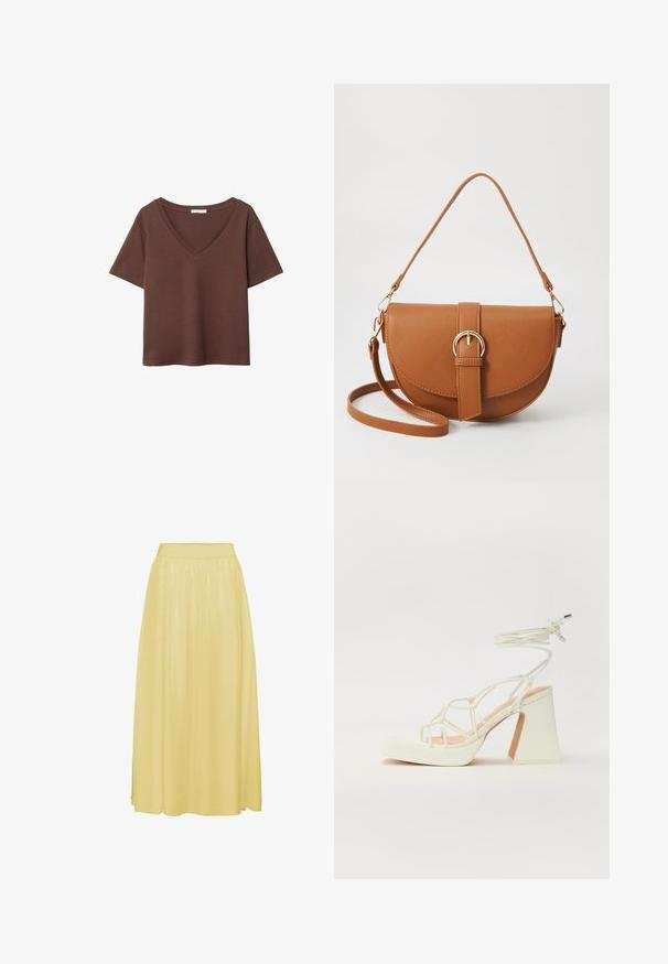 Brun bomulls t-shirt med korta ärmar och djup V-ringning. Enkel design, mjuk textur och rak fåll. Inga mönster eller dekorationer.; Gul, ankellång kjol gjord av ett mjukt, lätt tyg. Har resårmidja och en flödande design med subtil lyster.; Vit högklackad sandal med en kraftig klack, med ett remdesign och ankelband. Slät textur med en plattform framtill för ökad höjd.; Brun läder crossbody-väska med en böjd form, gyllene detaljer och en spänneaccent. Har en avtagbar axelrem.
