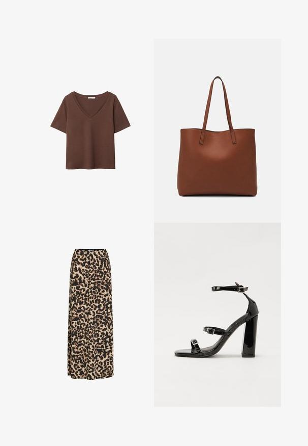 Rjava bombažna majica s kratkimi rokavi in globokim V-izrezom. Preprost dizajn, mehak material in raven rob. Brez vzorcev ali dekorativnih elementov.; VILA LEOA HIGH WAIST - Dolgo krilo - black; Črne lakirane sandale s peto, kvadratnim prstom, trakovi okrog gležnja in srebrnimi zaponkami. Opremljene so s stabilno Debelo peto.; Rjava usnjena torba z gladko teksturo, odprto zasnovo zgoraj in dvema naramnima trakovoma. Opremljena je z minimalnim šivanjem in brez vidnih kovinskih delov.