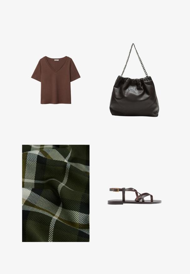 Ruskea puuvillapaita, jossa on lyhyet hihat ja syvä V-kaula-aukko. Yksinkertainen muotoilu, pehmeä rakenne ja suora helma. Ei kuvioita tai yksityiskohtia.; Kudottu ruutukangas, jossa on tummanvihreitä, mustia ja valkoisia värejä. Pintakuvio on sileä, ja siinä on pehmeä, kuvioitu viimeistely.; Ruske kožne sandale s križnim trakama, zatvaranjem na kopču oko gležnja i ravnim potplatom s minimalnim detaljima šivanja.; Ruskea nahkainen laukku, jossa on kerätty yläosa ja ketjuhihna. Tasainen pinta, jossa kiiltävä viimeistely ja hienovaraiset sauman yksityiskohdat sivuilla.