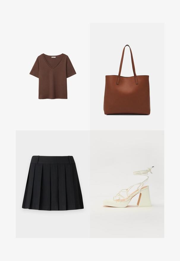 Hnedé bavlnené tričko s krátkymi rukávmi a hlbokým V-výstrihom. Jednoduchý dizajn, jemná textúra a rovný lem. Bez vzorov alebo akcentov.; Čierna plisovaná sukňa s vypracovaným pásom, vyrobená z ľahkého materiálu. Má rovnomerne rozložené záhyby a jednoduchý, elegantný dizajn.; Biele sandále na vysokom opätku s hrubým podpätkom, s pruhovaným dizajnom a viazaním na členku. Hladký povrch s platformou vpredu pre zvýšenú výšku.; Hnedá kožená taška na rameno s hladkou textúrou, otvoreným vrchom a dvoma ramenými popruhmi. Má minimálne šitia a žiadne viditeľné kovania.