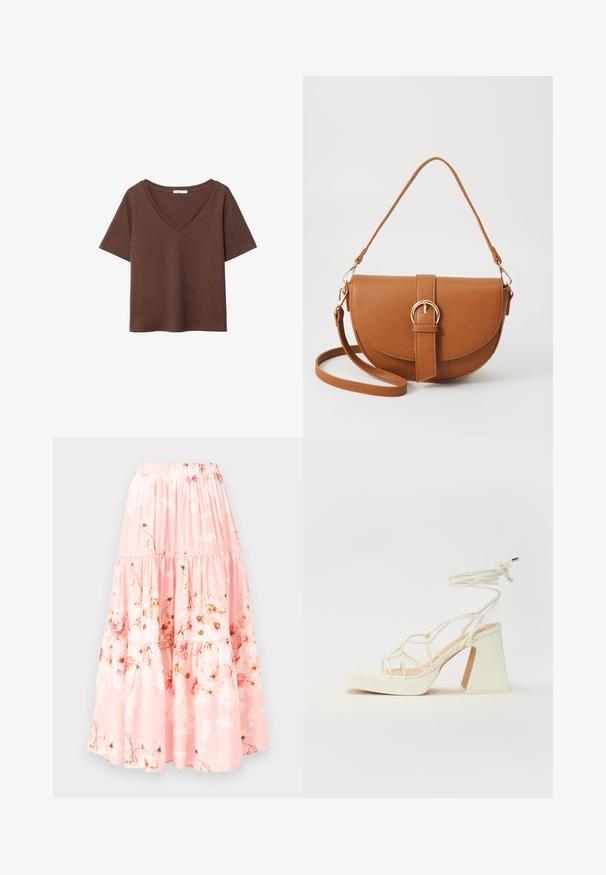 Rjava bombažna majica s kratkimi rokavi in globokim V-izrezom. Preprost dizajn, mehak material in raven rob. Brez vzorcev ali dekorativnih elementov.; YAS YASBILL - Dolgo krilo - chintz rose; Bela sandala na visokih petah s debelim petam, ki ima obliko trakcev in vezanje okoli gležnja. Gladka tekstura z platformo spredaj za dodatno višino.; Rjava usnjena torbica prek telesa s ukrivljeno obliko, zlate opreme in sponko. Ima odstranljiv naramni trak.