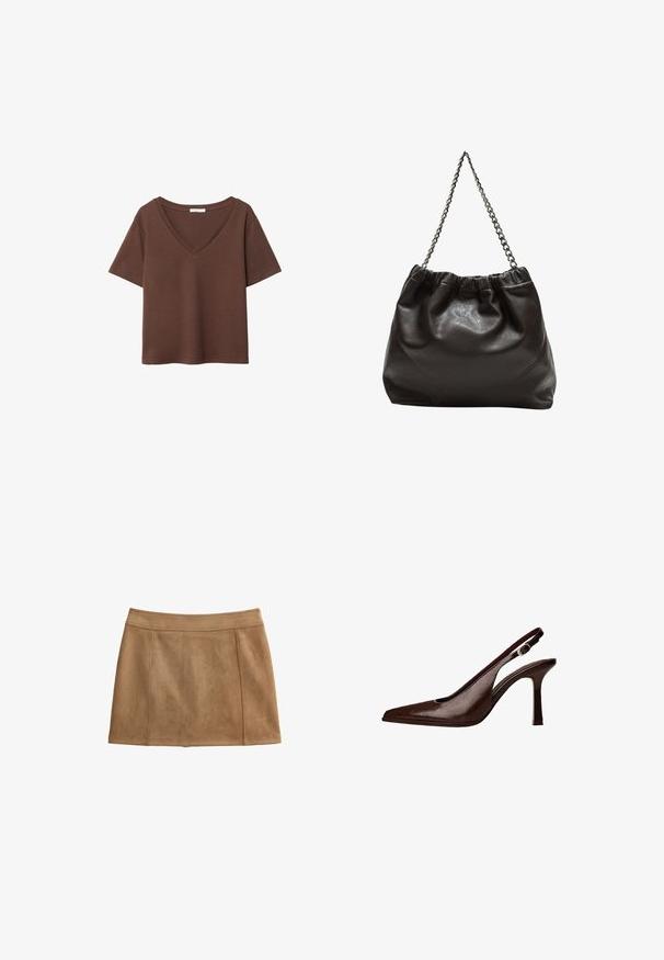 Bruine katoenen t-shirt met korte mouwen en een diepe V-hals. Eenvoudig ontwerp, zachte textuur en rechte zoom. Geen patronen of accenten.; Bruine suède rok met een gladde textuur, A-lijn vorm en een tailleband. Bevat gestikte naden voor extra detail.; Bruine lederen slingbackpomp met een spitse neus en een dunne hak. Voorzien van een kleine accentgesp op de band en een glossy afwerking.; Bruine leren tas met een geplooide bovenkant en een kettinghengsel. Glad textuur met een glanzende afwerking en subtiele naaddetails aan de zijkanten.