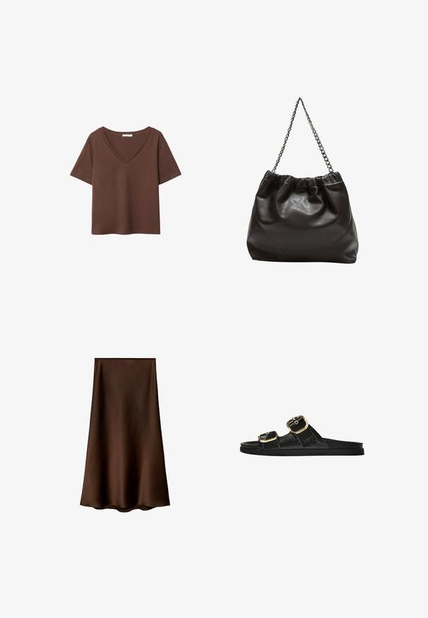 T-shirt en coton brun avec des manches courtes et un décolleté en V profond. Design simple, texture douce et ourlet droit. Pas de motifs ni d'accents.; Mango Jupe longue - brown; Sandale noire à glissière avec deux accents de boucle en or, en matériau lisse, semelle plate et design minimaliste.; Sac en cuir marron avec un haut froncé et une bandoulière en chaîne. Texture lisse avec une finition brillante et des coutures subtiles sur les côtés.