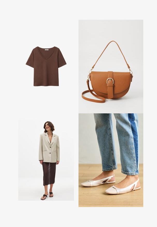 Brun bomulds t-shirt med korte ærmer og dyb V-hals. Enkel design, blød tekstur og lige kant. Ingen mønstre eller detaljer.; Beige oversized blazer med en spids klap og to knapper, parret med en gennemsigtig brun midi-nederdel og brune slip-on sandaler.; Lyserøde slingback flade sko med spidse tær, lavet af et glat læderlignende materiale. Har udskæringsdetaljer på siderne og en flad hæl.; Brun læder crossbody taske med en buet form, guldfarvet hardware og en spændeaccent. Har en aftagelig skulderrem.