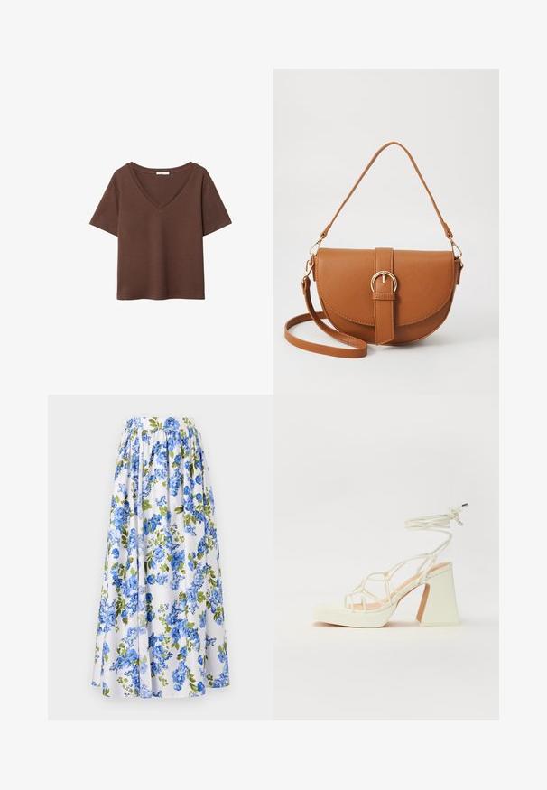 Brązowy bawełniany t-shirt z krótkimi rękawami i głębokim dekoltem w kształcie litery V. Prosty design, miękka faktura i prosty krój u dołu. Brak wzorów i akcentów.; Kwiatowa spódnica maxi na białej podstawie, z niebieskimi kwiatami i zielonymi liśćmi. Marszczona talia i lekka tkanina zapewniająca swobodny krój.; Biała sandał na wysokim obcasie z masywnym słupkiem, z paskowym wzorem i wiązaniem przy kostce. Gładka faktura z platformą z przodu dla dodatkowej wysokości.; Brązowa skórzana torba na ramię o zaokrąglonym kształcie, ze złotymi akcentami i zapięciem w formie klamry. Posiada odpinany pasek na ramię.