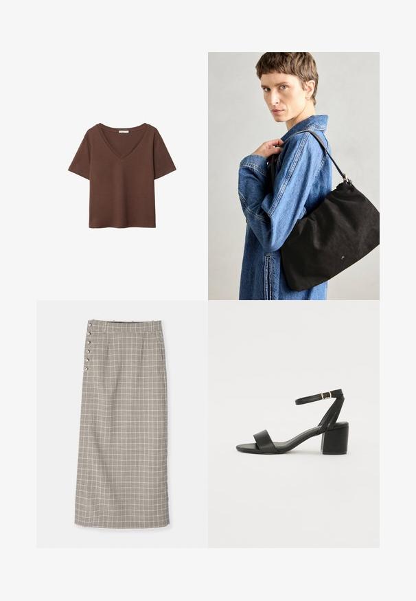Hnedé bavlnené tričko s krátkymi rukávmi a hlbokým V-výstrihom. Jednoduchý dizajn, jemná textúra a rovný lem. Bez vzorov alebo akcentov.; Dlhá sukňa v čierno-bielom mriežkovanom vzore. Má priamy strih, vysoký pás a dekoratívne bočné gombíky. Vyrobené z tkaniny.; Čierne sandále na podpätku so hladkým koženým vrchom, otvorenou špičkou, širokými prednými prúžkami a nastaviteľným členkovým popruhom so zlatým prackom.; Čierna semišová kabelka so soft, štruktúrovaným tvarom, s úzkym koženým popruhom a decentným logom značky. Modelka má na sebe džínovú bundu.