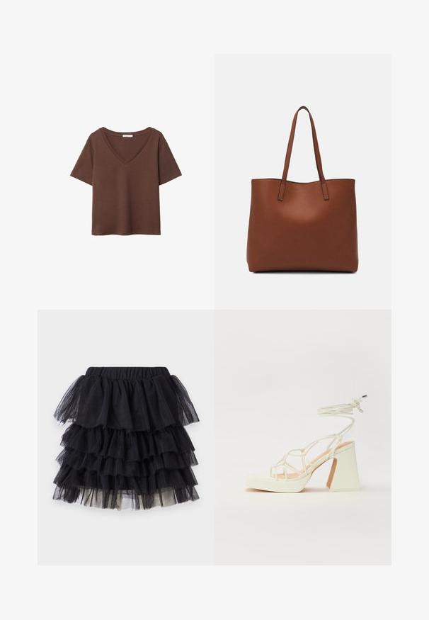 Ruskea puuvillapaita, jossa on lyhyet hihat ja syvä V-kaula-aukko. Yksinkertainen muotoilu, pehmeä rakenne ja suora helma. Ei kuvioita tai yksityiskohtia.; Musta tylli hame, jossa on kerroksellisia röyhelöitä ja joustava vyötärö. Kangas on läpikuultavaa ja kevyttä, hieman vaaleamman alustan kanssa.; Valkoinen korkokenkä, jossa on paksu korko, ja joka sisältää nauhakiinnityksen ja nilkkaketjun. Sujuva pinta, jossa on platform-etupohja lisäkorkeutta varten.; Ruskea nahkainen olkalaukku, jossa on sileä pinta, avoin yläosa ja kaksi olkahihnaa. Omaavat vain minimaalisen ompelun eikä näkyvää metalliosaa.