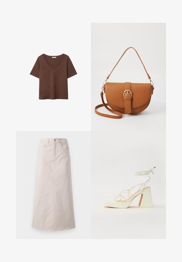 Braunes Baumwoll-T-Shirt mit kurzen Ärmeln und tiefem V-Ausschnitt. Einfaches Design, weiche Textur und gerade Saumlinie. Keine Muster oder Akzente.; Beige Cordrock-Midirock mit vertikalen Streifen, ausgestattet mit einem taillierten Bund, vorderen Taschen und einem geraden Schnitt bis zum Saum.; Weiße High-Heel-Sandale mit einem klobigen Absatz, die über ein Riemchendesign und ein Knöchelband verfügt. Glatte Textur mit einer Plattform vorne für zusätzliche Höhe.; Braune Leder-Crossbody-Tasche mit geschwungener Form, goldfarbenen Beschlägen und einer Schnallenakzentuierung. Verfügt über einen abnehmbaren Schultergurt.