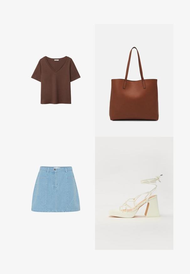 Smeđa pamučna majica kratkih rukava s dubokim V-izrezom. Jednostavan dizajn, mekana tekstura i ravni rub. Bez uzoraka ili naglasaka.; Svijetloplava traper suknja s visokim strukom, prednjim džepovima i suptilnim detaljima na panelima, sa srebrnim dugmetom za zatvaranje.; Bijela sandala na visokoj potpetici s debelim petom, s remenom i vezanjem oko gležnja. Glatka tekstura s platformom sprijeda za dodatnu visinu.; Smeđa kožna torba preko ramena s glatkom teksturom, otvorenim vrhom i dvjema naramenicama. Ima minimalne šavove i nema vidljivog hardvera.
