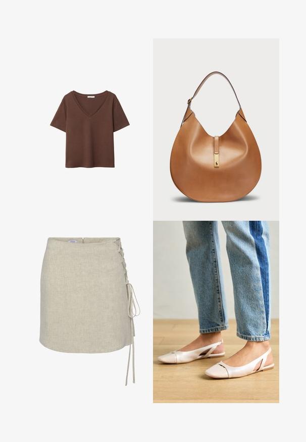 Rjava bombažna majica s kratkimi rokavi in globokim V-izrezom. Preprost dizajn, mehak material in raven rob. Brez vzorcev ali dekorativnih elementov.; Bež krilo iz lanenega blaga z detajlom vezanja na levi strani, ravnim krojem in zadrgo na hrbtu. Gladek, teksturiran material.; Svijetloružičaste slingback balerinke s šiljastim nožnim prstima, napravljene od glatkog materijala nalik koži. Imaju izrezane detalje sa strane i ravne pete.; Torbica iz svetlo rjave usnjene oblike s širokim ramenskim trakom. Ima zlatni kovinski poudarek na sredini in gladko teksturo.