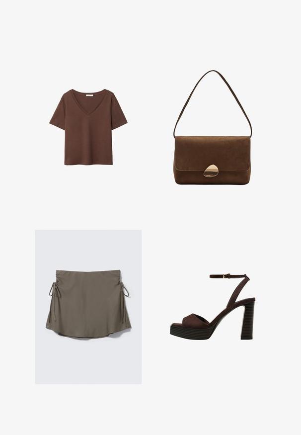 T-shirt in cotone marrone con maniche corte e scollo a V profondo. Design semplice, texture morbida e orlo dritto. Senza fantasie o dettagli.; Gonna corta marrone con lacci laterali regolabili e dettagli arr gathered su entrambi i lati, esposta su uno sfondo bianco uniforme.; Sandal in camoscio marrone con tacco alto, punta aperta, cinturino alla caviglia regolabile e suola a piattaforma striata.; Borsa a spalla in suede marrone con chiusura curva in oro e tracolla singola, forma rettangolare con chiusura a pattina.