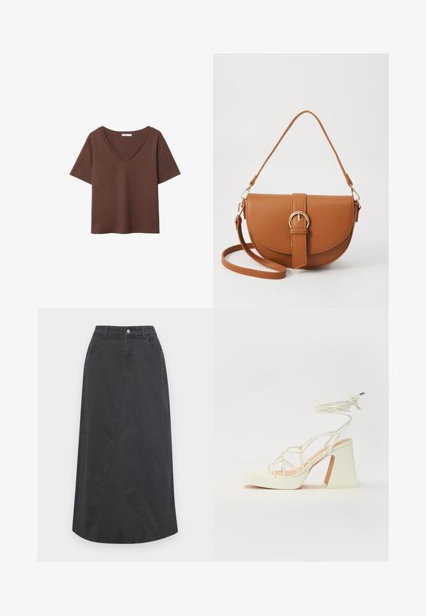 Rjava bombažna majica s kratkimi rokavi in globokim V-izrezom. Preprost dizajn, mehak material in raven rob. Brez vzorcev ali dekorativnih elementov.; Črna denim krilo s ravnim krojem, opremljeno s podrobnostmi na sprednjem delu, dvema žepoma, zankami za pas ter gumbom za zapiranje na pasu.; Bela sandala na visokih petah s debelim petam, ki ima obliko trakcev in vezanje okoli gležnja. Gladka tekstura z platformo spredaj za dodatno višino.; Rjava usnjena torbica prek telesa s ukrivljeno obliko, zlate opreme in sponko. Ima odstranljiv naramni trak.