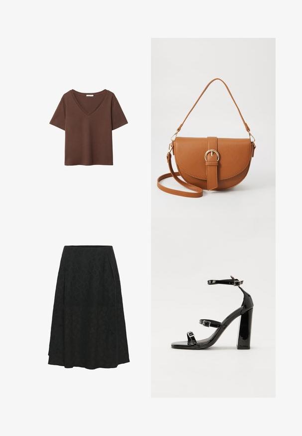 Hnedé bavlnené tričko s krátkymi rukávmi a hlbokým V-výstrihom. Jednoduchý dizajn, jemná textúra a rovný lem. Bez vzorov alebo akcentov.; Čierna sukňa vyrobená z textúrovaného materiálu s jemným geometrickým vzorom, s rozšíreným strihom a záhybmi pre väčší objem.; Čierne lakované sandále na podpätku so štvorcovou špičkou, navlečenými remienkami okolo členku a striebornými prackami. Disponujú masívnym blokovým podpätkom pre stabilitu.; Hnedá kožená kabelka cez telo s zakriveným tvarom, zlatými kovovými doplnkami a akcentom s prackou. Obsahuje odnímateľný ramenný popruh.