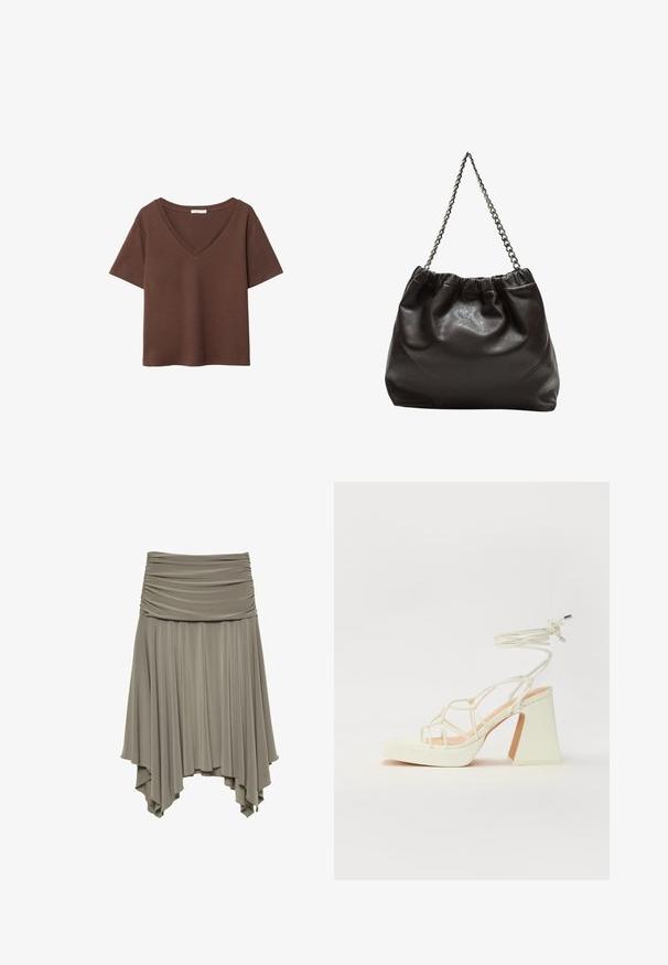Smeđa pamučna majica kratkih rukava s dubokim V-izrezom. Jednostavan dizajn, mekana tekstura i ravni rub. Bez uzoraka ili naglasaka.; Nabrani, asimetrična suknja od mekog sivog materijala. Ima prikupljenu struk i lepršavi, drapirani rub s jedinstvenim oblikom.; Bijela sandala na visokoj potpetici s debelim petom, s remenom i vezanjem oko gležnja. Glatka tekstura s platformom sprijeda za dodatnu visinu.; Smeđa kožna torba s naboranim vrhom i lančićem za nošenje. Glatka tekstura s sjajnim završetkom i suptilnim šavnim detaljima sa strane.