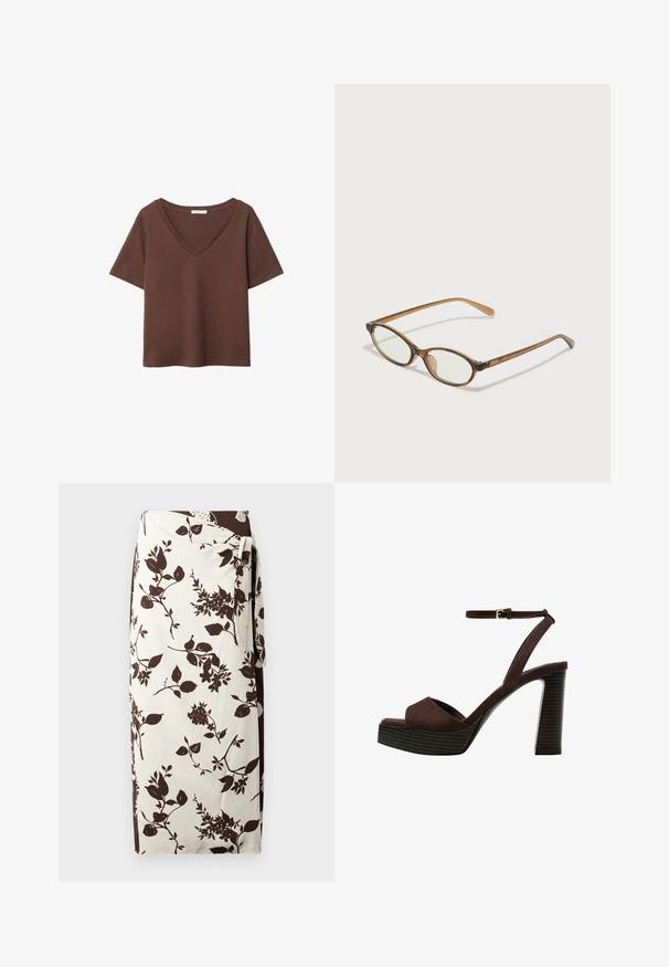 Ruskea puuvillapaita, jossa on lyhyet hihat ja syvä V-kaula-aukko. Yksinkertainen muotoilu, pehmeä rakenne ja suora helma. Ei kuvioita tai yksityiskohtia.; Kukkakuvioinen kietaisuhame, jossa on vaalea pohja ja tummanruskeita kasvikuvastoja. Valmistettu sileästä kankaasta, jossa on solmittava suljin vyötäröllä.; Ruske kožne sandale s visokom potpeticom, otvorenim prstima, podesivim kopčanjem oko gležnja i prugastim platformskim đonom.; Ruskeat kilpikonnaruutulasiset silmälasit, joissa ovaalit linssit, ohuet varret ja läpinäkyvät yksityiskohdat. Temppeleissä on huomaamaton logo. Suunnittelultaan suora ja kevyt.