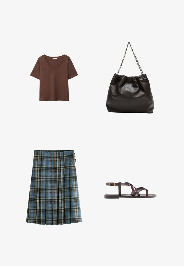 Rjava bombažna majica s kratkimi rokavi in globokim V-izrezom. Preprost dizajn, mehak material in raven rob. Brez vzorcev ali dekorativnih elementov.; Karirana krila v modrih, rjavih in črnih odtenkih. Ima gube in dva črna zaponko na pasu. Narejena iz tkanine.; Rjav usnjen sandal z načinom prečnega črta, zaklepom okoli gležnja in ravnim podplatom z minimalnimi šivi.; Rjava usnjena torba z nabranim vrhom in verižnim trakom. Gladka tekstura z sijajno površino in subtilnimi šivi na straneh.