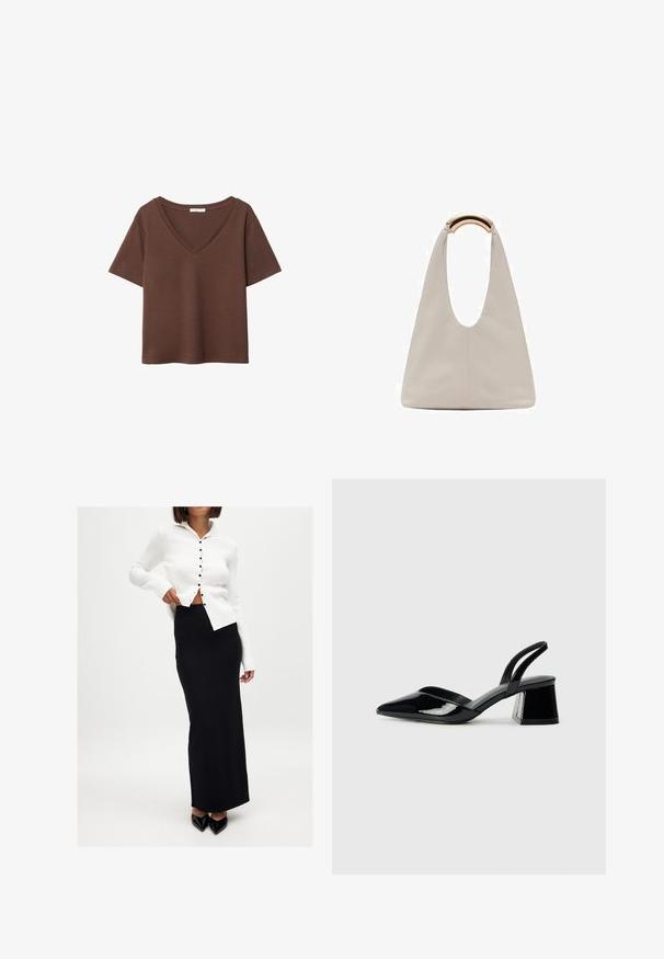 Ruskea puuvillapaita, jossa on lyhyet hihat ja syvä V-kaula-aukko. Yksinkertainen muotoilu, pehmeä rakenne ja suora helma. Ei kuvioita tai yksityiskohtia.; Valkoinen ribbineuleinen kardigan, jossa on napit, päällä musta, vartaloa myötäilevä maksi-hame. Asusteena on tyylikkäät mustat kärkitossut.; Mustat patentoitu nahkakengät, joissa on säären takaosa ja terävä kärki, sekä geometrinen palikkakorko. Sisältää tyylikkään, minimalistisen muotoilun ja sileän pinnan.; Vaalea harmaa nahkalaukku, jossa on U-muotoinen muotoilu ja kaareva metallikahva. Suora pinta, jossa on minimaalinen ompelu ja ei näkyviä kuvioita.