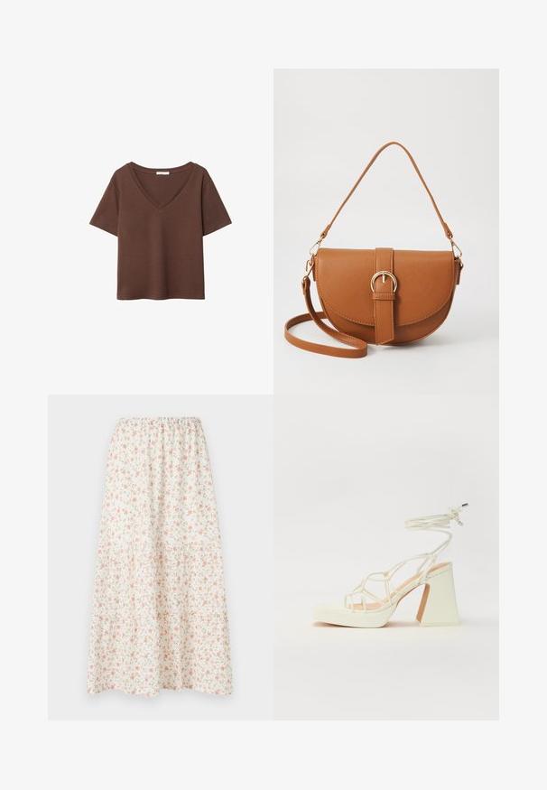 T-shirt en coton brun avec des manches courtes et un décolleté en V profond. Design simple, texture douce et ourlet droit. Pas de motifs ni d'accents.; Jupe midi florale avec un fond blanc et des fleurs roses et vertes, taille élastique et design en niveaux pour plus de volume.; Sandale blanche à talons hauts avec un talon épais, présentant un design à lanières et un lien autour de la cheville. Texture lisse avec une plateforme à l'avant pour une hauteur supplémentaire.; Sac bandoulière en cuir marron avec une forme incurvée, quincaillerie dorée et un accent en boucle. Comprend une bandoulière détachable.