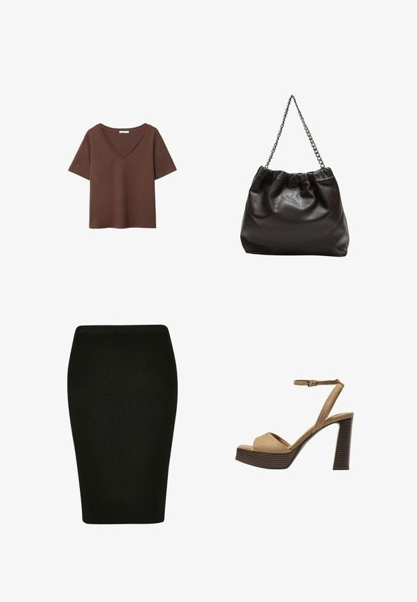 Hnědý bavlněný tričko s krátkými rukávy a hlubokým V-výstřihem. Jednoduchý design, měkká textura a rovný lem. Žádné vzory ani akcenty.; Černá skládaná tužková sukně s přiléhavým střihem. Má vysoký pas a texturovanou látku, která poskytuje hladkou siluetu.; Bežové semišové sandály na vysokém podpatku s širokým předním páskem a páskem kolem kotníku, s masivním dřevěným blokovým podpatkem s texturovaným povrchem.; Hnědá kožená taška se sbíraným vrškem a řetízkovým popruhem. Hladký povrch s lesklým finišem a jemným švem na bocích.