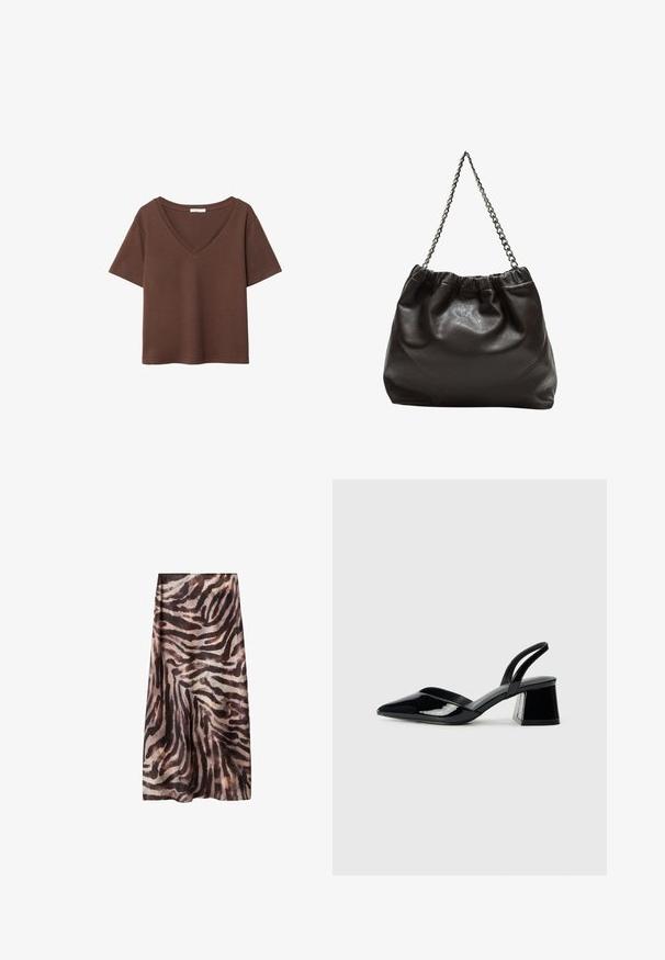 T-shirt in cotone marrone con maniche corte e scollo a V profondo. Design semplice, texture morbida e orlo dritto. Senza fantasie o dettagli.; Gonna lunga in un tessuto leggero e trasparente con un motivo a righe zebrate in nero e marrone. Taglio dritto con silhouette a campana.; Décolleté in vernice nera con punta affusolata e tacco in geometria cubica. Presentano un design elegante e minimalista, con una texture liscia.; Borsa in pelle marrone con parte superiore arricciata e tracolla a catena. Texture liscia con finitura lucida e dettagli di cucitura sottili sui lati.