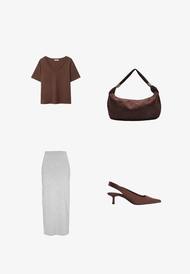 Braunes Baumwoll-T-Shirt mit kurzen Ärmeln und tiefem V-Ausschnitt. Einfaches Design, weiche Textur und gerade Saumlinie. Keine Muster oder Akzente.; Grauer Midi-Rock aus weichem Baumwollmix. Hat eine einfarbige Optik, figurbetontes Design und eine schlichte, klare Silhouette ohne Verzierungen.; Braune Slingback-High-Heels mit spitzer Zehe, glatter Textur, schlankem Absatz in mittlerer Höhe und minimalistischen Design.; Braune Wildleder-Schultertasche mit Reißverschluss, ausgestattet mit einem gedrehten Tragriemen, der mit Metallakzenten verziert ist, für ein sicheres Tragen.