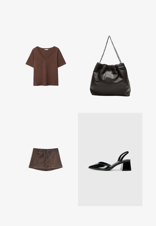 Hnedé bavlnené tričko s krátkymi rukávmi a hlbokým V-výstrihom. Jednoduchý dizajn, jemná textúra a rovný lem. Bez vzorov alebo akcentov.; Hnedá umelá semišová mini sukňa s predným šnurovaním a striebornými klinecami pozdĺž lemu. Hladká textúra, A-čkový strih a krátka dĺžka.; Čierne lakované kožené sandálové podpätky s špicatou špičkou a geometrickým blokovým podpätkom. Disponujú elegantným, minimalistickým dizajnom a hladkým povrchom.; Hnedá kožená taška so zberaným vrchom a reťazovým popruhom. Hladký povrch s lesklým finišom a jemným švom po stranách.