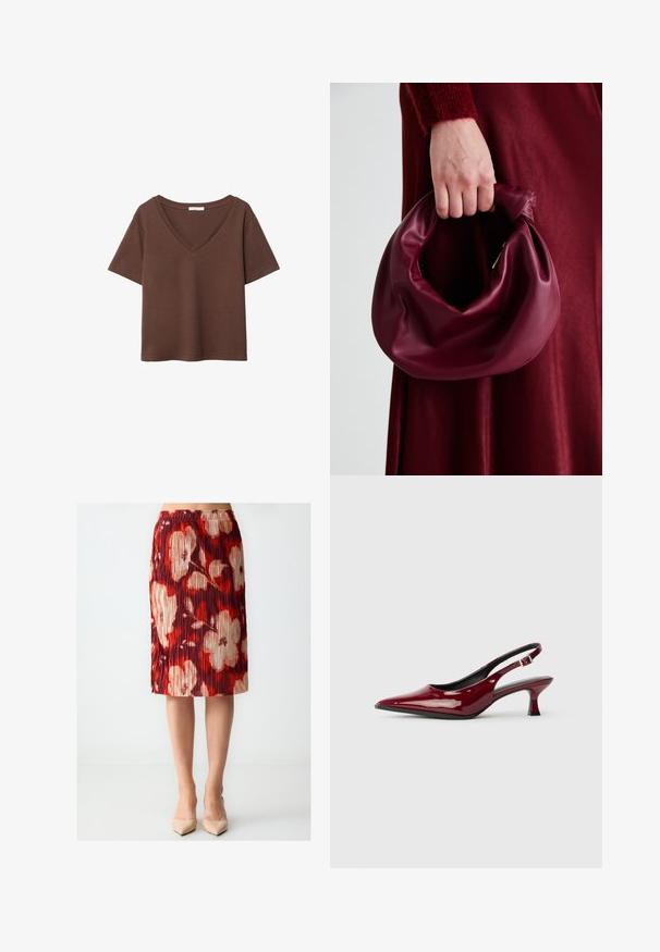 Brown cotton t-shirt with short sleeves and a deep V-neck. Simple design, soft texture, and straight hemline. No patterns or accents.; Pleated skirt featuring bold red, white, and beige floral patterns. Elastic waist, knee-length design, and smooth fabric texture.; Burgundy patent leather slingback heels with a pointed toe and a sleek stiletto heel. Open back design with adjustable ankle strap detail.; Burgundy leather handbag with a soft, gathered design and a rounded shape. The handle is secured, showcasing a smooth texture.