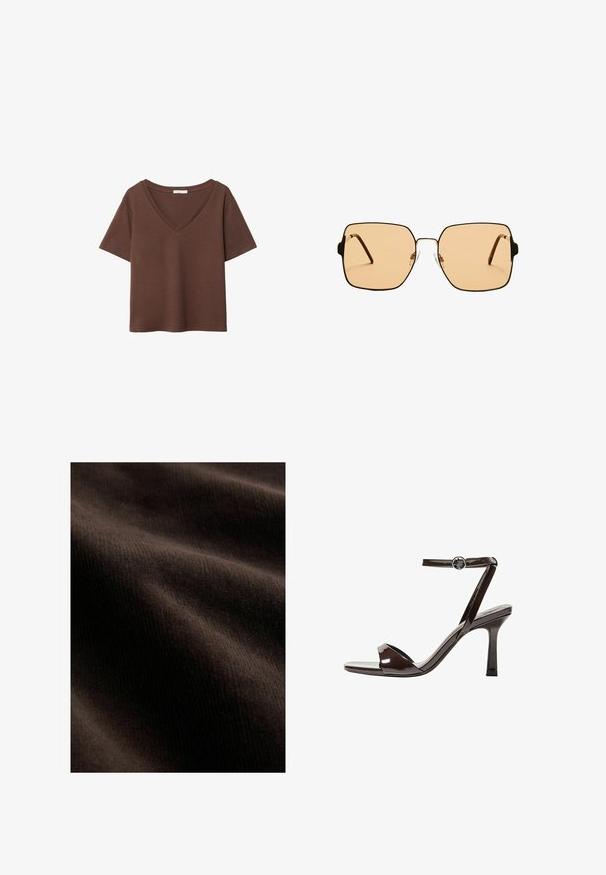 Ruskea puuvillapaita, jossa on lyhyet hihat ja syvä V-kaula-aukko. Yksinkertainen muotoilu, pehmeä rakenne ja suora helma. Ei kuvioita tai yksityiskohtia.; Tummanruskea kangas, jossa on sileä pinta, joka sisältää hienovaraisia uurteita ja aaltoja, luoden syvyyttä ja ulottuvuutta materiaalille.; Sandaalit korkean koronan ruskeasta mokkanahasta, jossa on nilkkaremmi, avonainen kärki ja tyylikäs, minimalistinen muotoilu. Varusteena neliön muotoinen korko.; Neliömäiset aurinkolasit ruskeilla linsseillä ja ohuella mustalla metallikehyksellä. Varusteena on kulmikkaat tempulit ja säädettävät nenätyynyt mukavuutta varten.; Ruskea ja kerma cowhide-olkalaukku, jossa on sileä nahkahihna, vetoketju ja pehmeä, teksturoitu pinta, jossa on luonnollinen kuvio.