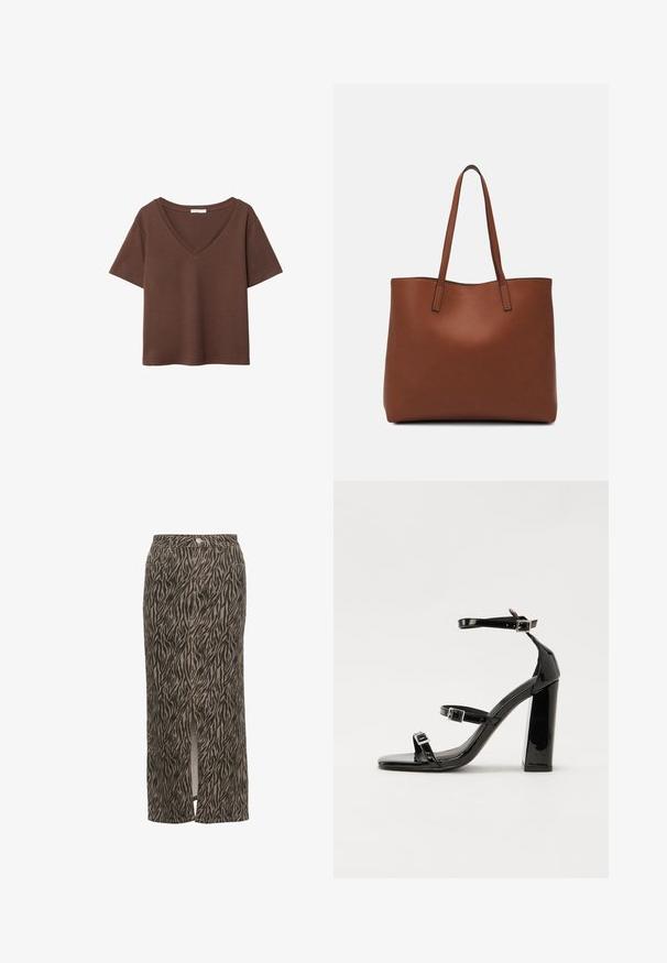 Brun bomulds t-shirt med korte ærmer og dyb V-hals. Enkel design, blød tekstur og lige kant. Ingen mønstre eller detaljer.; Kaffe LEONDRA  - Maxinederdele - feather gray   black animal; Sorte patenterede hælsandaler med firkantet tå, ankelremme og sølvspænder. Har en chunky blokHæl for stabilitet.; Brun læder tote taske med en glat overflade, åben topdesign og to skulderremme. Har minimal syning og ingen synlig hardware.