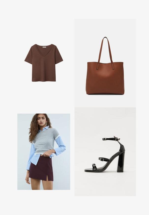 Braunes Baumwoll-T-Shirt mit kurzen Ärmeln und tiefem V-Ausschnitt. Einfaches Design, weiche Textur und gerade Saumlinie. Keine Muster oder Akzente.; Junge Frau mit langen welligen Haaren, die Sternohrringe trägt, ein blau gestreiftes Hemd mit einem grauen Kurzarmpullover und einen bordeauxfarbenen Rock mit einem Schlitz vorne.; Schwarze patentierte Sandalen mit Absatz, quadratischer Spitze, Knöchelriemen und silbernen Schnallen. Mit einem stabilen Blockabsatz für mehr Stabilität.; Braune Leder-Tote mit glatter Textur, offenem Oberteil und zwei Schulterriemen. Verfügt über minimale Nähte und keine sichtbaren Beschläge.
