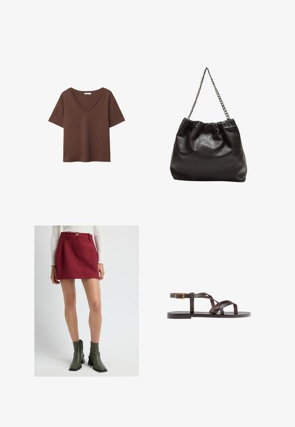 T-shirt en coton brun avec des manches courtes et un décolleté en V profond. Design simple, texture douce et ourlet droit. Pas de motifs ni d'accents.; Femme portant une mini-jupe rouge texturée avec des boutons à l'avant et des bottes cheville olive, se tenant contre un fond clair.; Sandale en cuir marron avec des brides entrecroisées, une fermeture à boucle à la cheville et une semelle plate avec des détails de couture minimaux.; Sac en cuir marron avec un haut froncé et une bandoulière en chaîne. Texture lisse avec une finition brillante et des coutures subtiles sur les côtés.