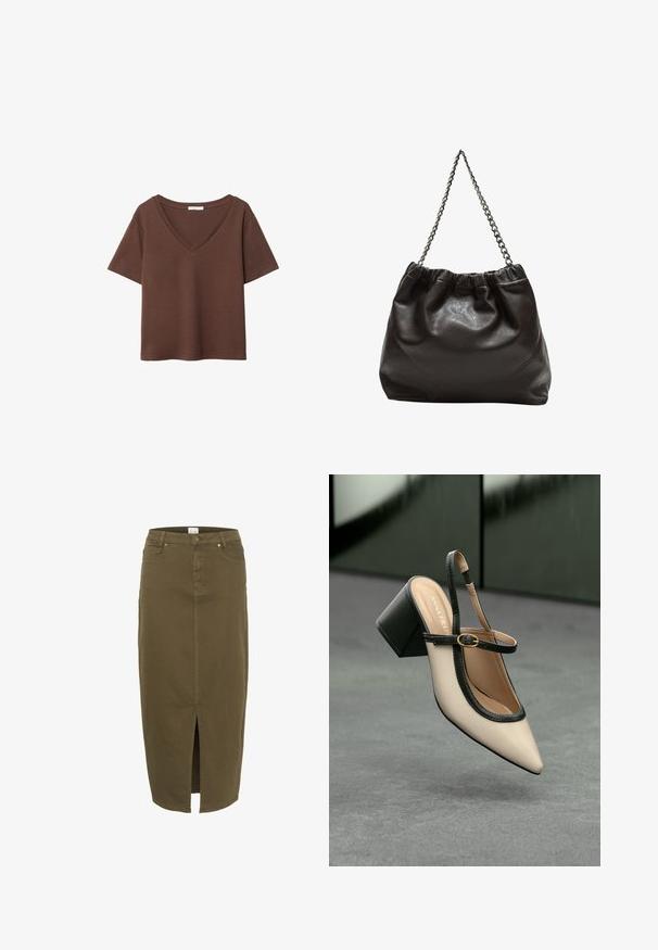 T-shirt in cotone marrone con maniche corte e scollo a V profondo. Design semplice, texture morbida e orlo dritto. Senza fantasie o dettagli.; Gonna di jeans verde oliva, lunghezza al ginocchio con uno spacco frontale, passanti per cintura e due tasche frontali, con dettagli di cuciture sottili.; Scarpa beige con punta a stivale, con rifiniture nere, fibbia dorata e tacco a blocco spesso su un pavimento grigio con sfondo verde scuro.; Borsa in pelle marrone con parte superiore arricciata e tracolla a catena. Texture liscia con finitura lucida e dettagli di cucitura sottili sui lati.